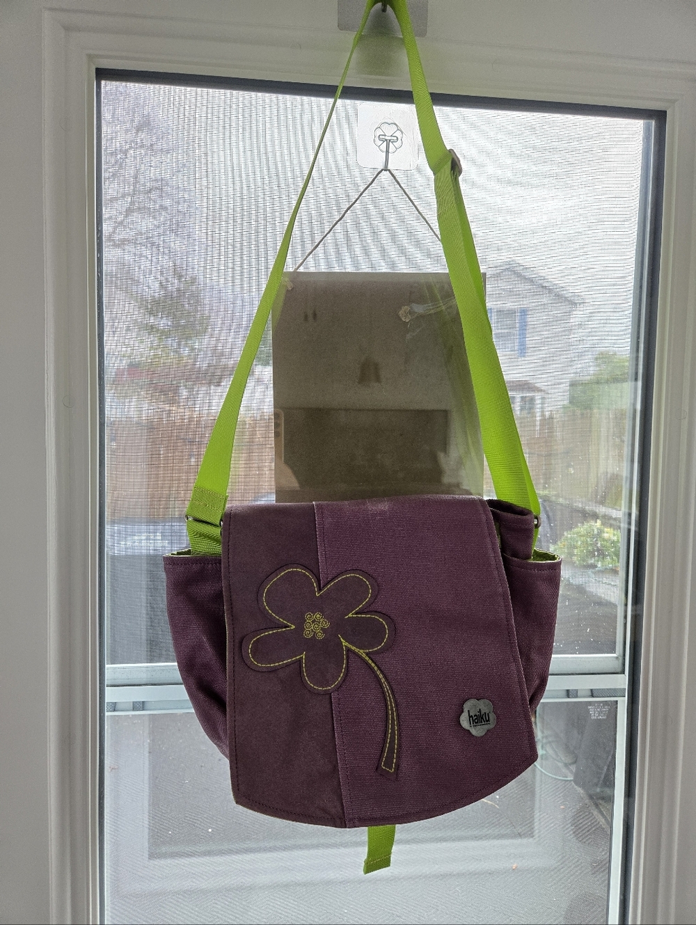 haiku Purple Crossbody Messenger Bag with Green Strap